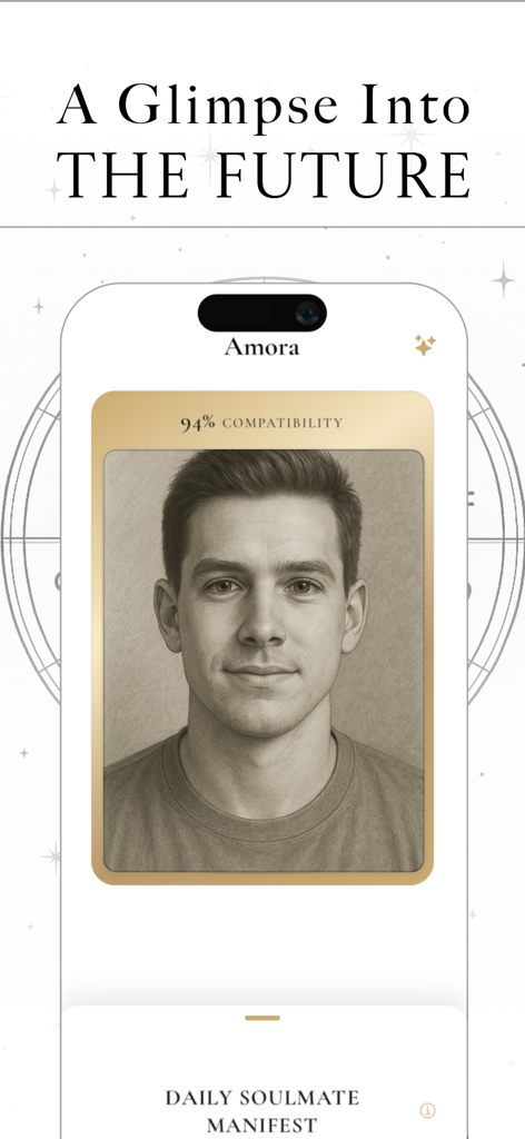 Amora: A Hint of Your Soulmate - Amora app showing a realistic soulmate portrait with 94 percent compatibility