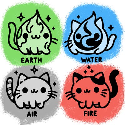 4 cats that represent the different elements, earth, water, air, and fire