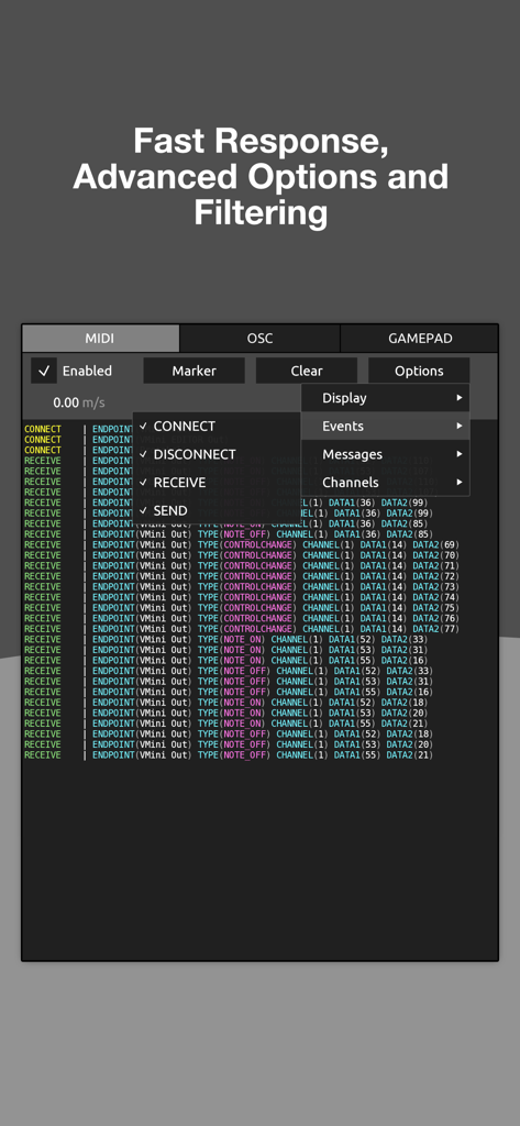 Una captura de pantalla de la app Protokol que muestra un registro de mensajes MIDI en tiempo real con un menú abierto para filtrar eventos y opciones avanzadas.