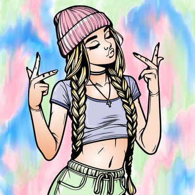realistic teenage girl with braids and a beanie and crop top doing 🫶🏼