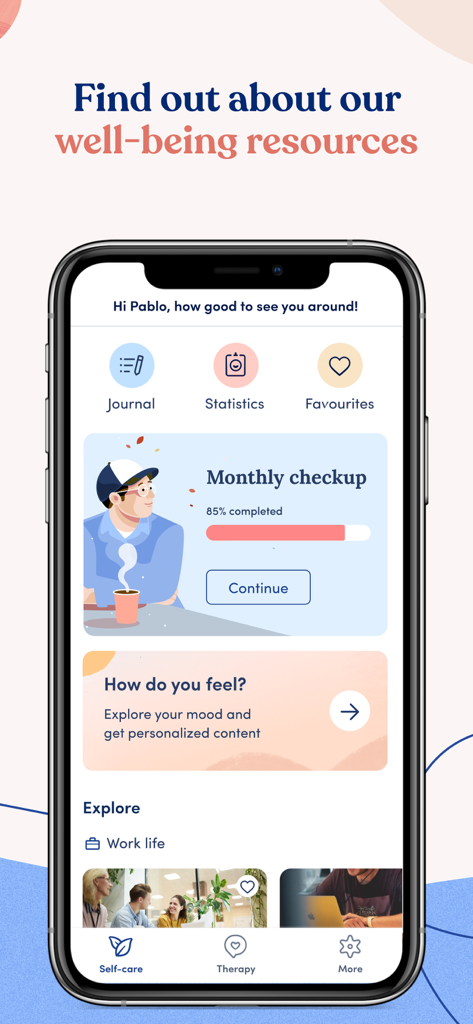 Interfaz de la aplicación móvil ifeel mostrando un panel de salud mental personalizado con seguimiento del estado de ánimo y herramientas de control mensual