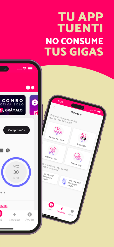 App Tuenti - Interfaz móvil de la App Tuenti en español mostrando uso de datos gratis y varios servicios de cuenta como asociación de línea y activación de chip