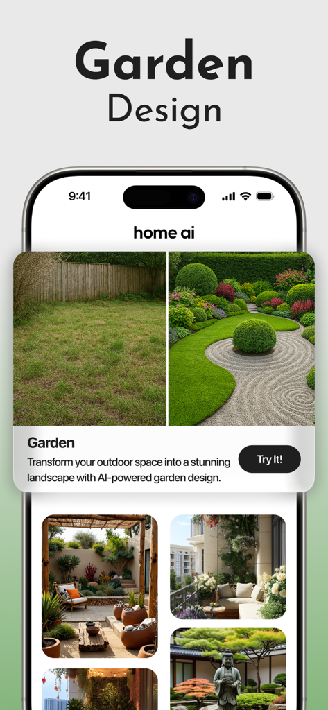 Home AI - AI Interior Design - Before and after comparison of an outdoor garden redesigned using AI interior design technology.