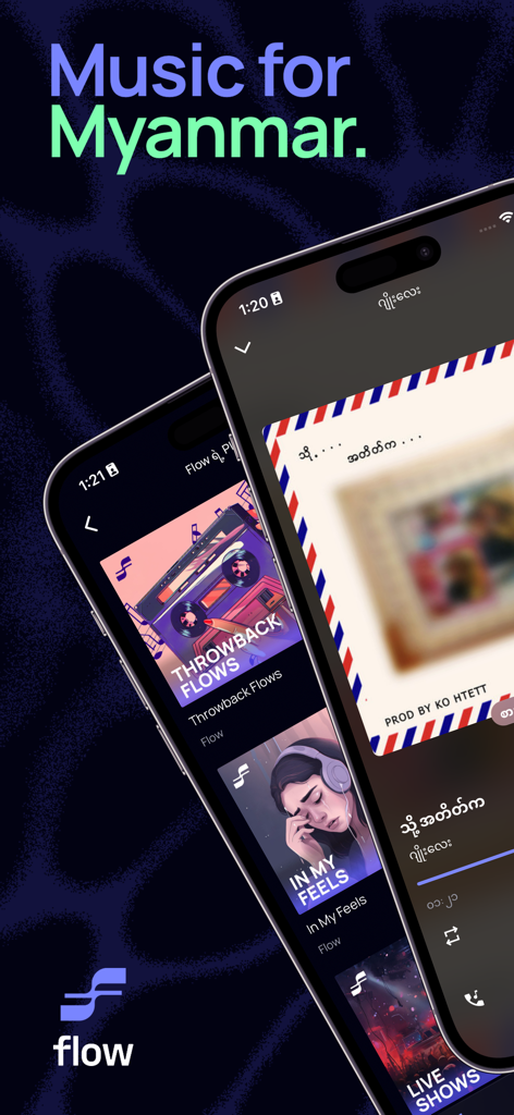 Mobile app interface for Flow Music for Myanmar featuring playlists and music player