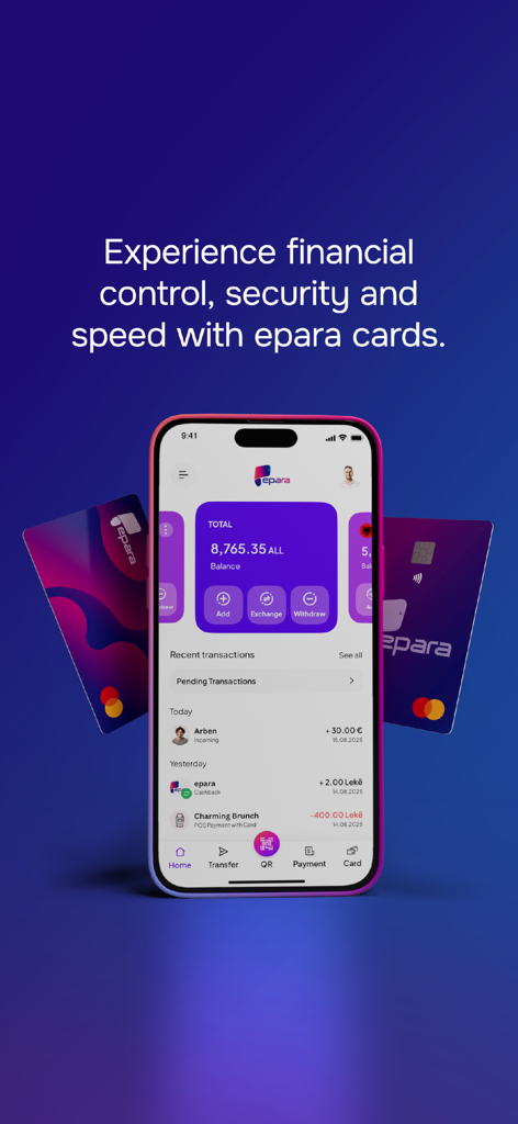 epara - A smartphone displaying the epara app dashboard with account balance and transaction history next to Mastercard debit cards.