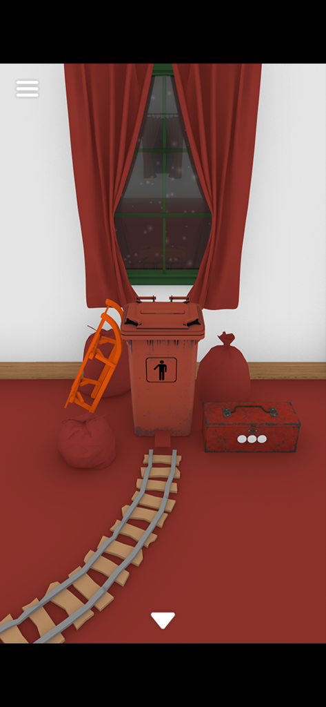 Escape Game: Ho Ho Ho! - Eine weihnachtliche Escape-Room-Szene mit einer roten Kiste, Geschenksäcken und einer Spielzeugeisenbahnstrecke