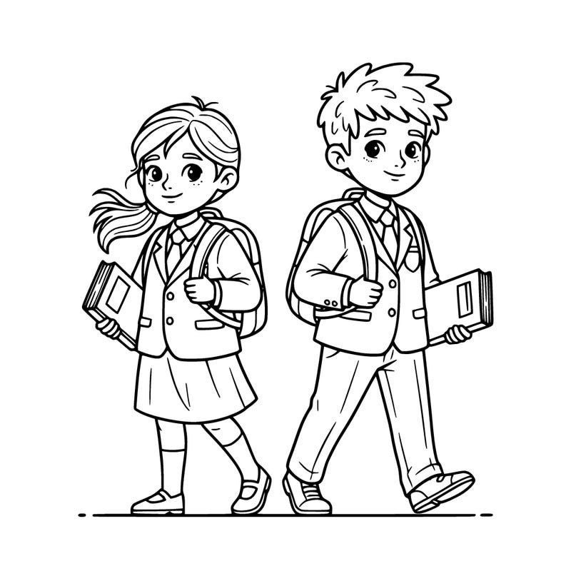 a twin brother and a twin sister with her backpack on their backs and they both are carrying a book they’re both wearing a uniform. the girl has a ponytail and the boy has a short hair that is kind of frizzy.