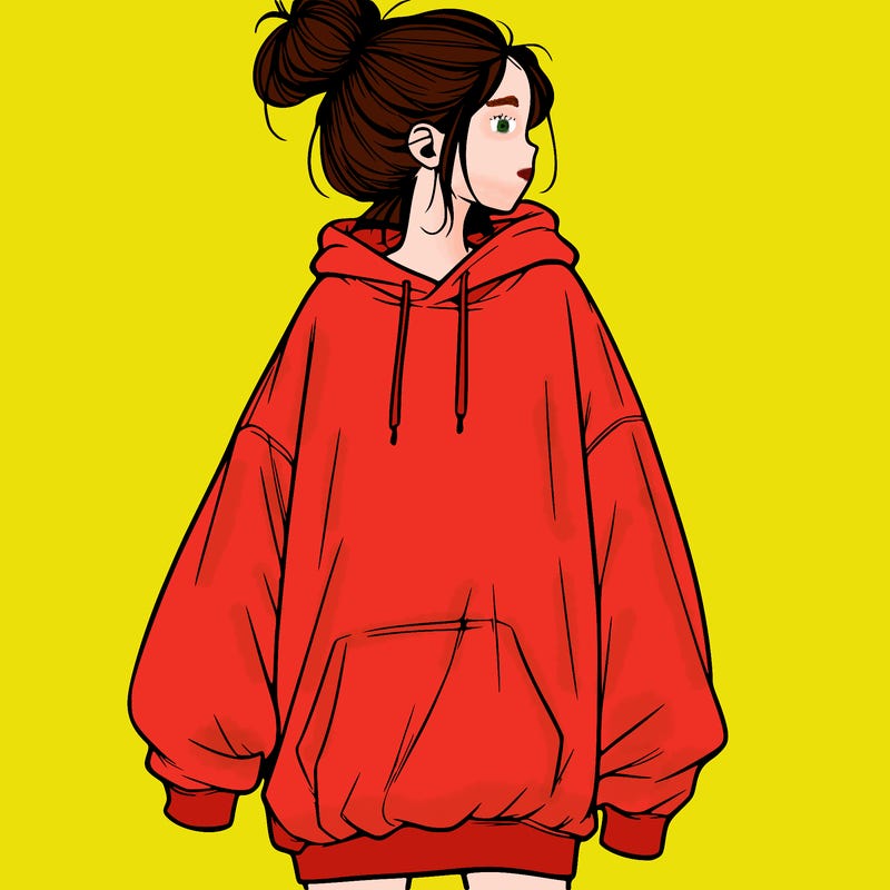 realistic girl with a oversized sweatshirt on and a bun