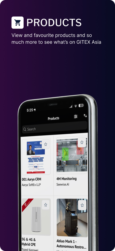 GITEX ASIA - Screenshot of the GITEX ASIA app products catalog showing various tech solutions and a favorite feature.
