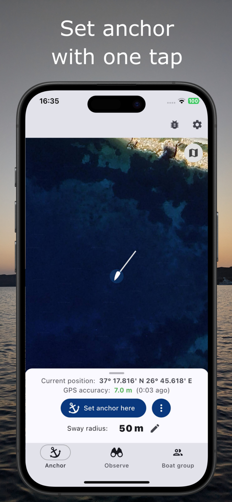 Anchor Easy: GPS Anchor Alarm - Screenshot of the Anchor Easy app interface showing a boat on a satellite map with a button to set anchor with one tap.
