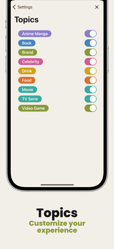 Redacto - Word Mystery - Una pantalla móvil que muestra la configuración de temas en la aplicación Redacto con interruptores para varias categorías de cultura pop como Películas, Series de TV y Anime