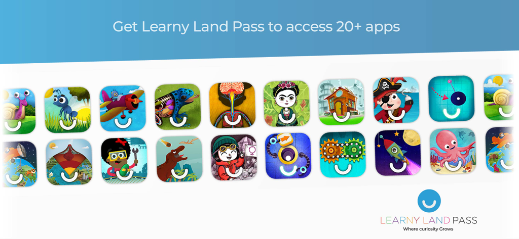 A banner featuring a variety of colorful educational app icons for children included in the Learny Land Pass subscription