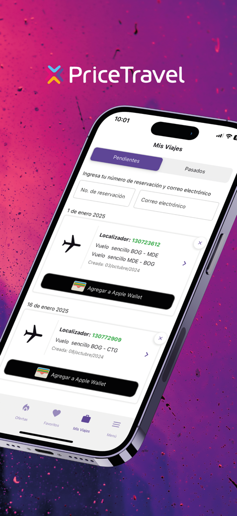 PriceTravel app interface showing flight booking itineraries in Spanish with an option to add to Apple Wallet.