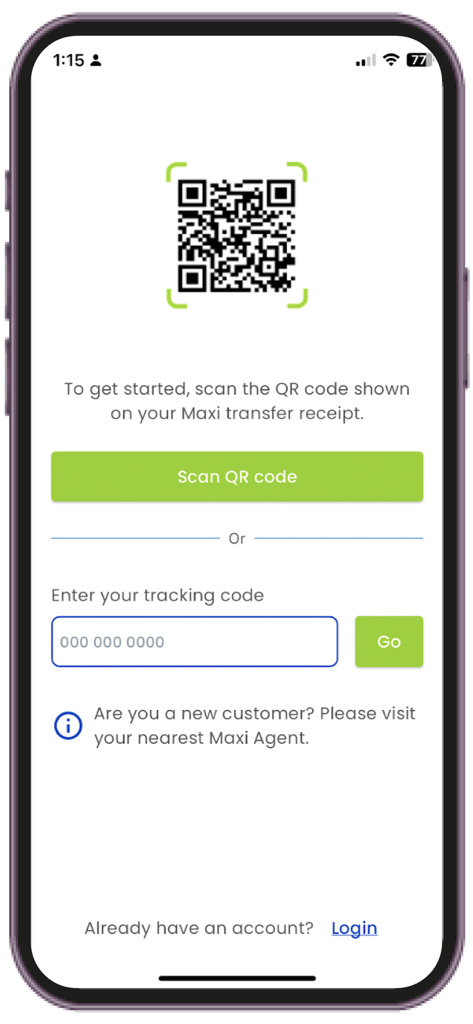 Maxi Money Status app screen to scan QR code or enter tracking code