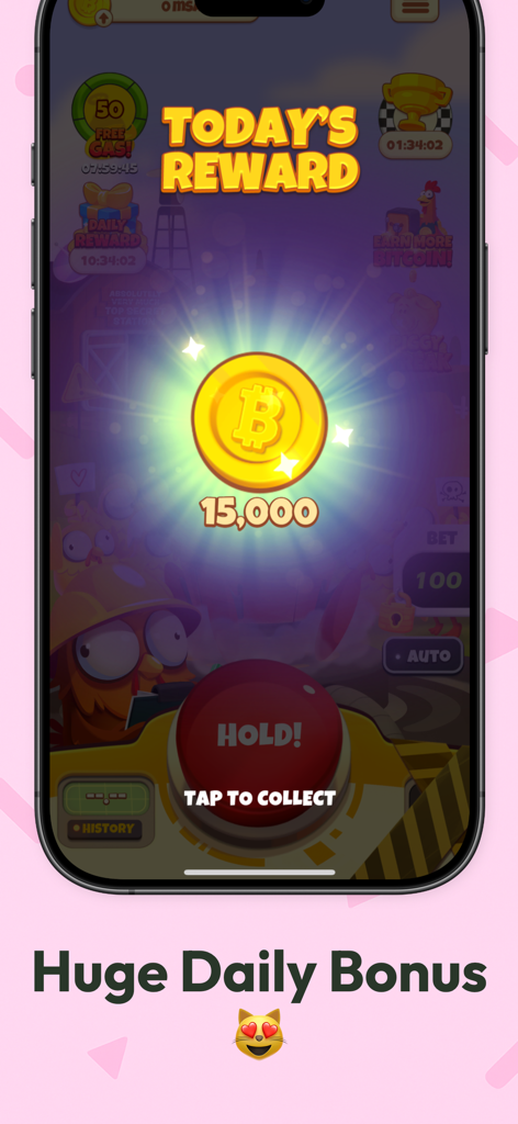 치킨 또는 추락 앱의 일일 보상 15,000 비트코인 사토시를 보여주는 스크린샷