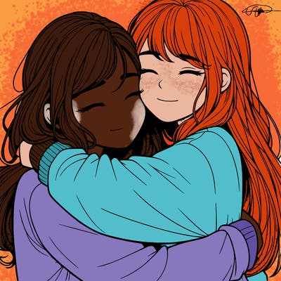 realistic two girls hugging
