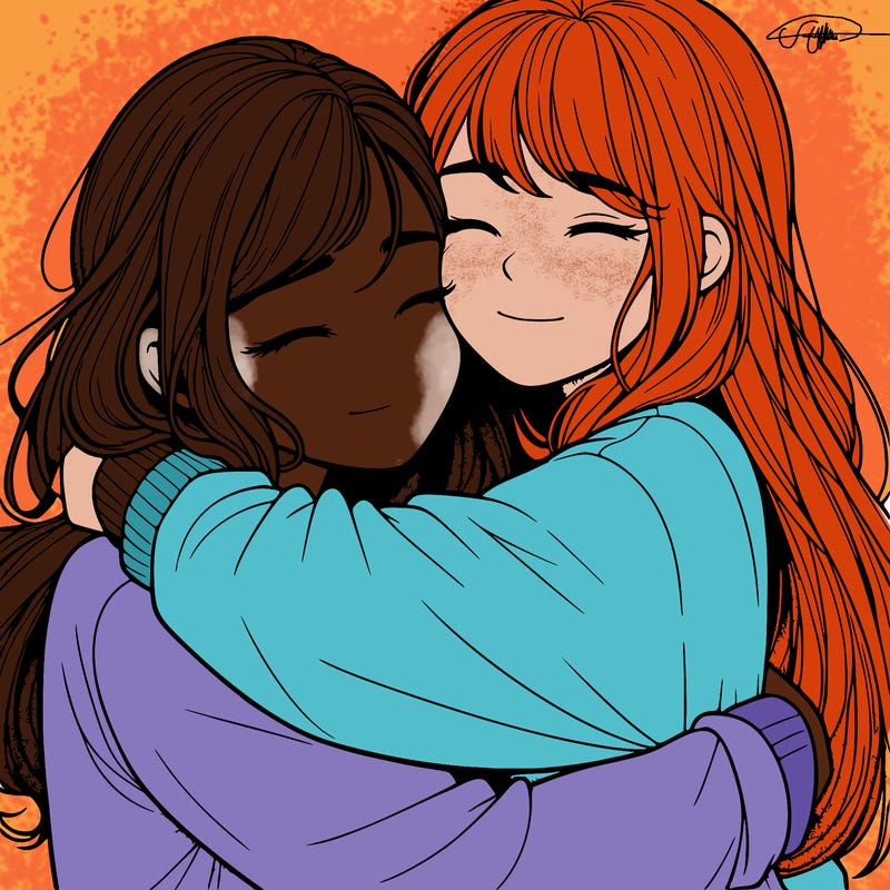realistic two girls hugging