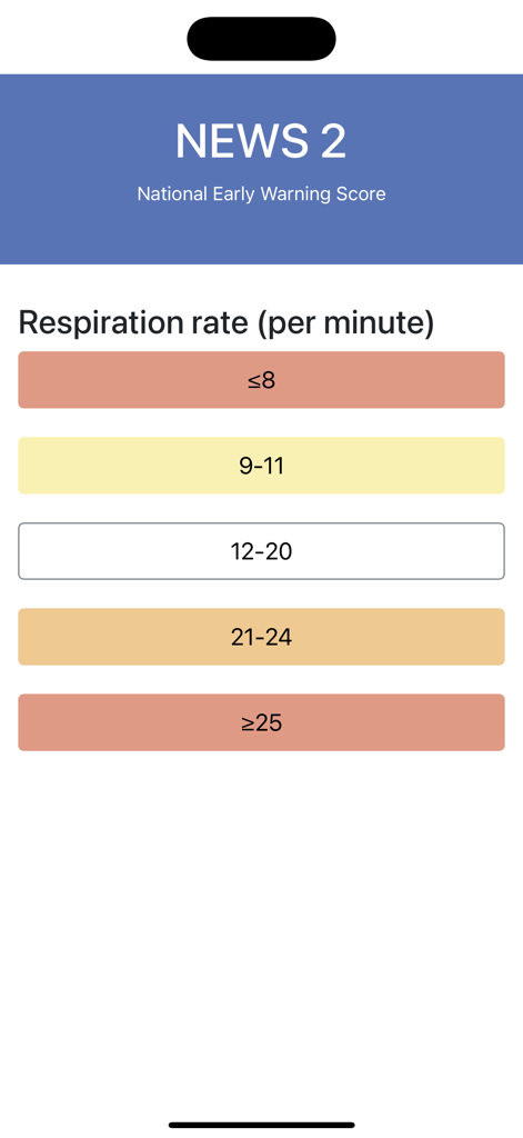 Uma interface de aplicativo médico para a calculadora NEWS2 mostrando botões de seleção de frequência respiratória.