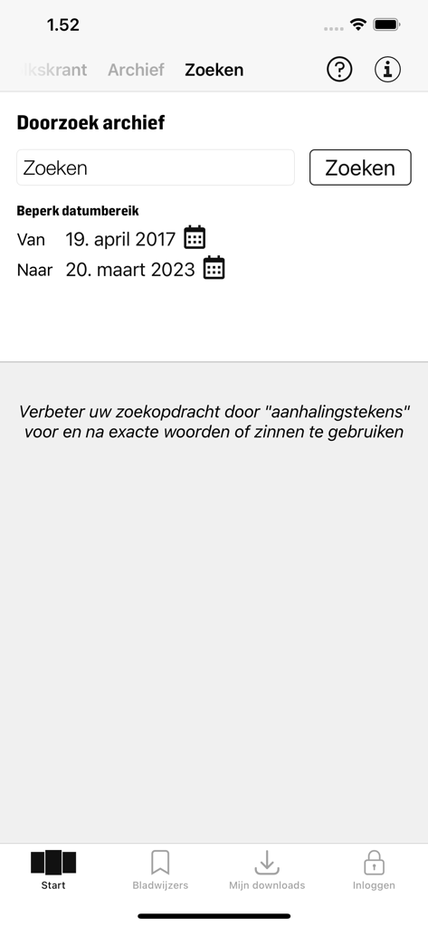 Interface de recherche d'archives de l'application de Volkskrant avec des filtres de plage de dates.