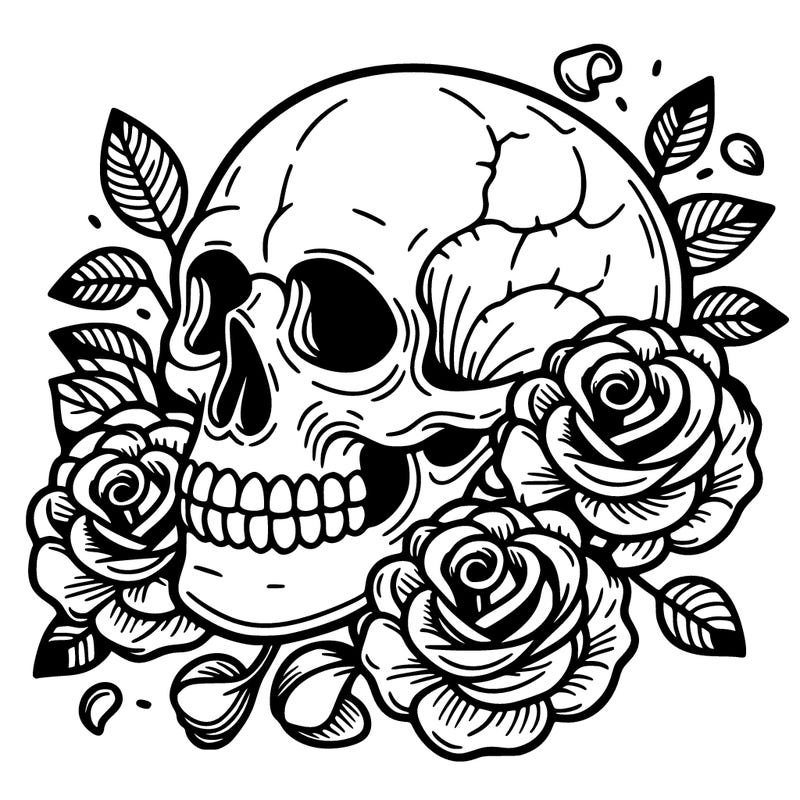 skull with roses and rose petals