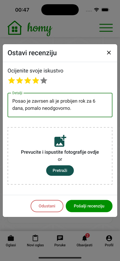 Homy.ba - The review submission screen in the Homy app showing star ratings and a comment box for service feedback