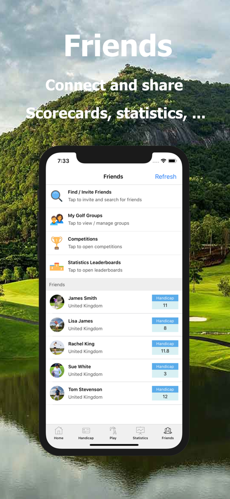 Golf Handicap - Online Golf - A screenshot of the Friends section in the Golf Handicap app displaying options for golf groups, competitions, and a list of friends with their handicaps.