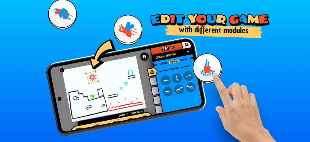 Draw Your Game Infinite - Hand editing a custom drawn level in Draw Your Game Infinite mobile app with different modules and behaviors