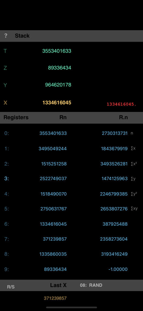 Live register view of the RPN-32 CE scientific calculator app showing stack values and memory registers