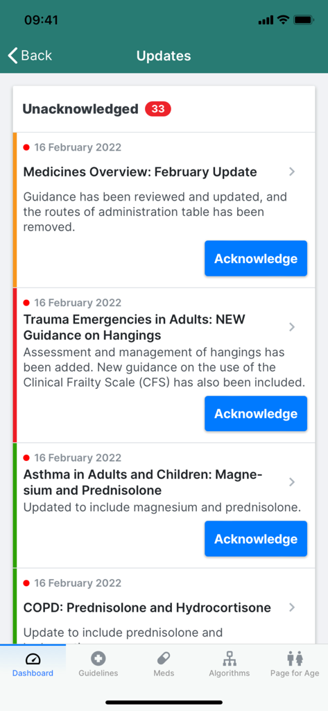 Clinical updates screen in the iCPG JRCALC app showing new medical guidelines and protocols for first responders.