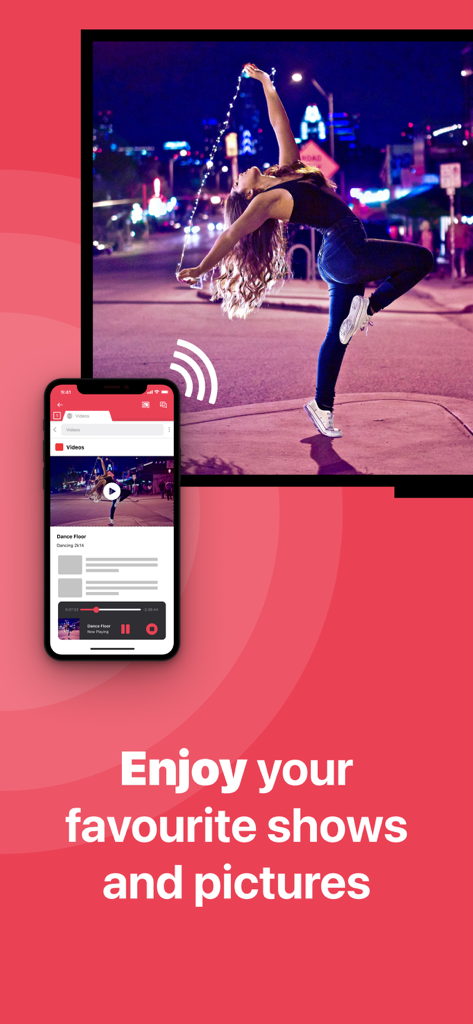 An iPhone wirelessly casting a video of a girl dancing to a large Samsung Smart TV screen.