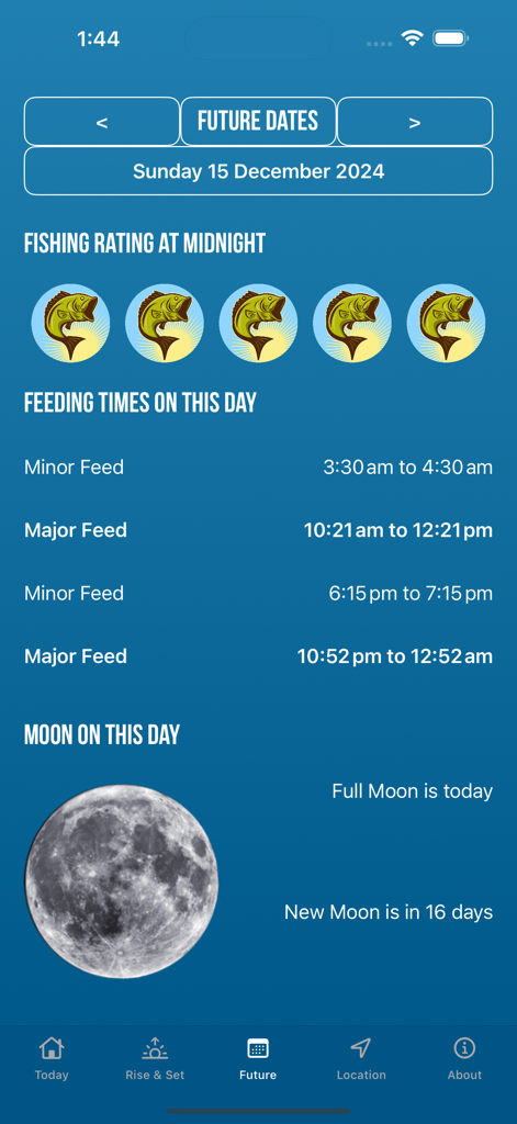 Solunar Best Fishing Time - L'interface de l'application Solunar Fishing affiche les futures prévisions de pêche, les heures d'alimentation et les phases de la lune.