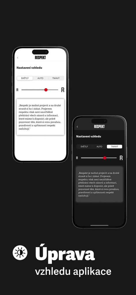 Respekt - Interfaz de la aplicación de noticias Respekt que muestra la personalización de la apariencia con opciones de modo claro y oscuro y un control deslizante de tamaño de fuente