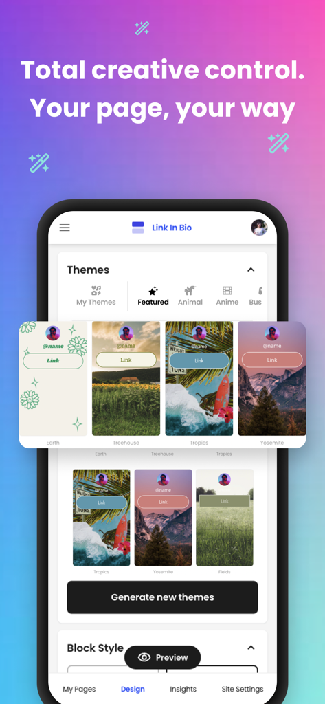 Mobile App-Oberfläche mit anpassbaren Theme-Optionen für eine Link-in-Bio-Website