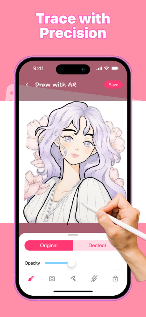 Art Tracer: Photo To Drawing - A person using an Apple Pencil to trace an anime character on a phone using the Art Tracer app