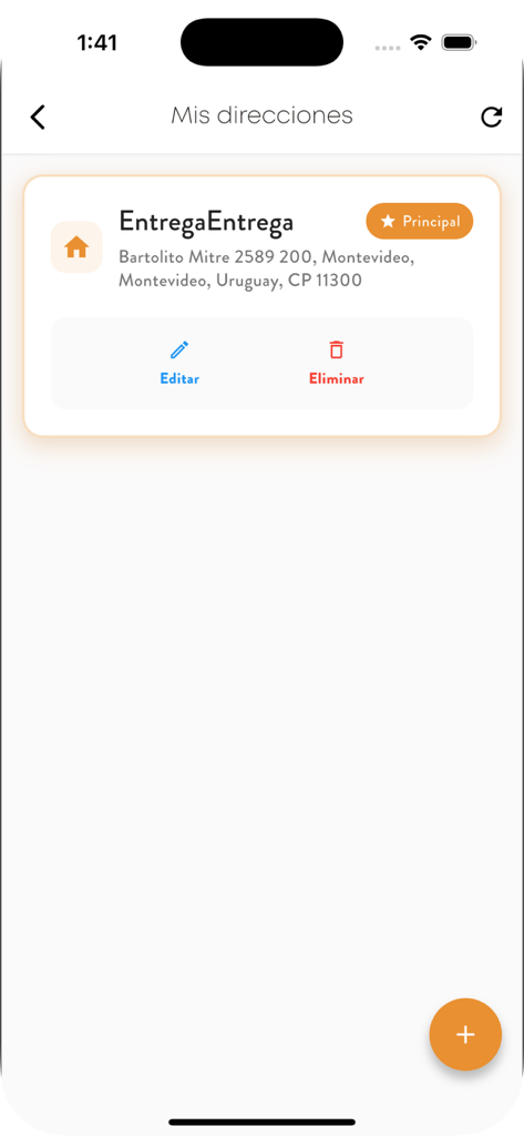 Delishop - Interfaz de la aplicación Delishop para gestionar direcciones de entrega guardadas