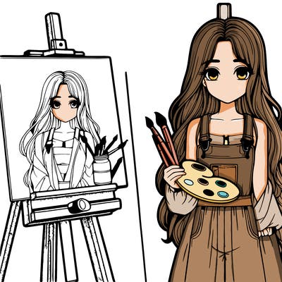 a realistic girl with long hair and shes a painter shes holding a paint pallet and easel with a blank canvas on it next to her