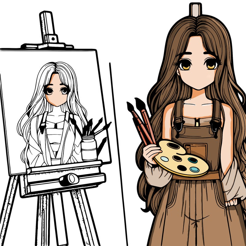 a realistic girl with long hair and shes a painter shes holding a paint pallet and easel with a blank canvas on it next to her