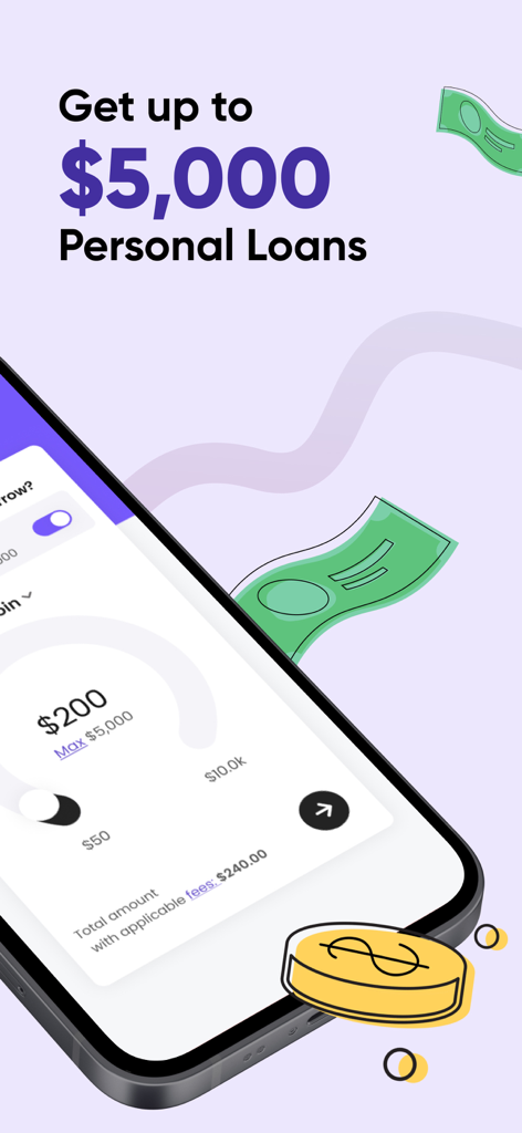 Smartphone screen displaying Lenme app offering personal loans up to 5000 dollars with a cash advance slider