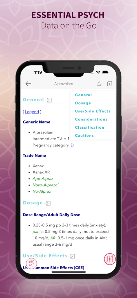 PsychNotes: Clinical Pkt Guide - PsychNotes mobile app interface displaying clinical information and dosage for Alprazolam