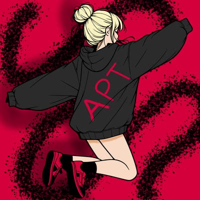 realistic girl jumping with a bun and oversized sweatshirt