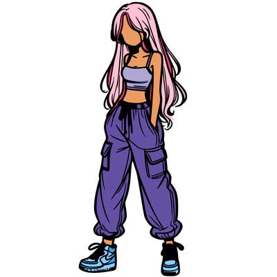 girl in baggy pants crop top and long hair