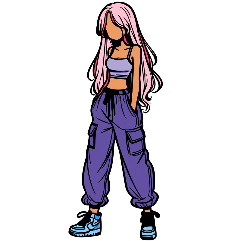 girl in baggy pants crop top and long hair