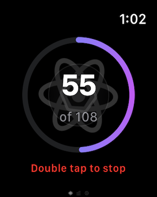 Daily Om Practice : ChantFlow - Apple Watch interface for ChantFlow showing a mantra counter at 55 of 108 repetitions.