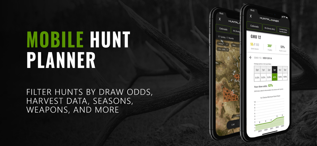 BaseMap hunting app interface showing draw odds and harvest data on mobile phones.