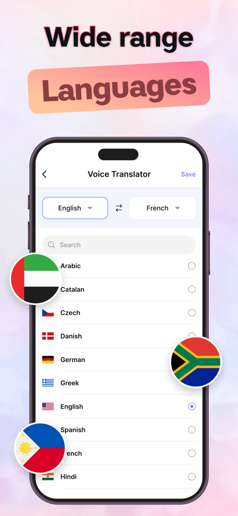 All Translate AI: Voice, Text - A smartphone screen displaying a wide selection of languages for translation in the All Translate AI app.