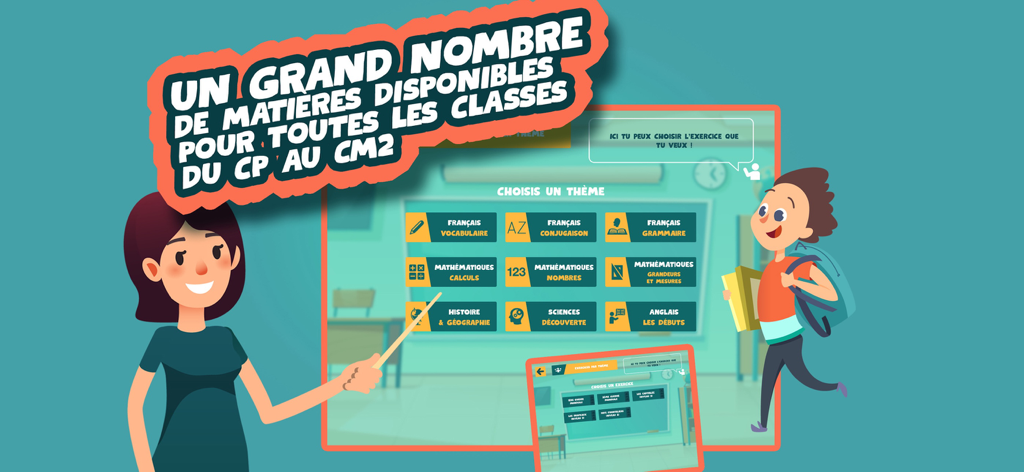 EduKids app interface showing educational subjects for French primary school grades CP to CM2