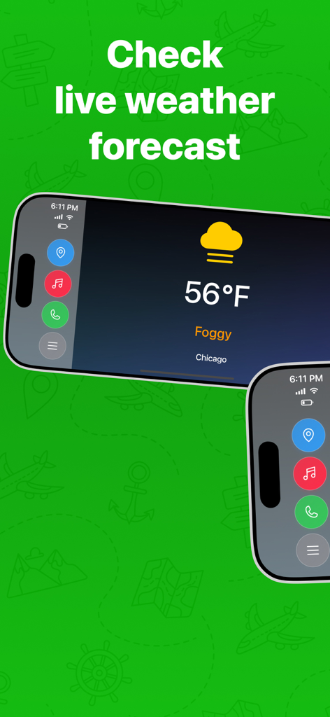 Mobile dashboard interface showing a live weather forecast with temperature and conditions in Chicago