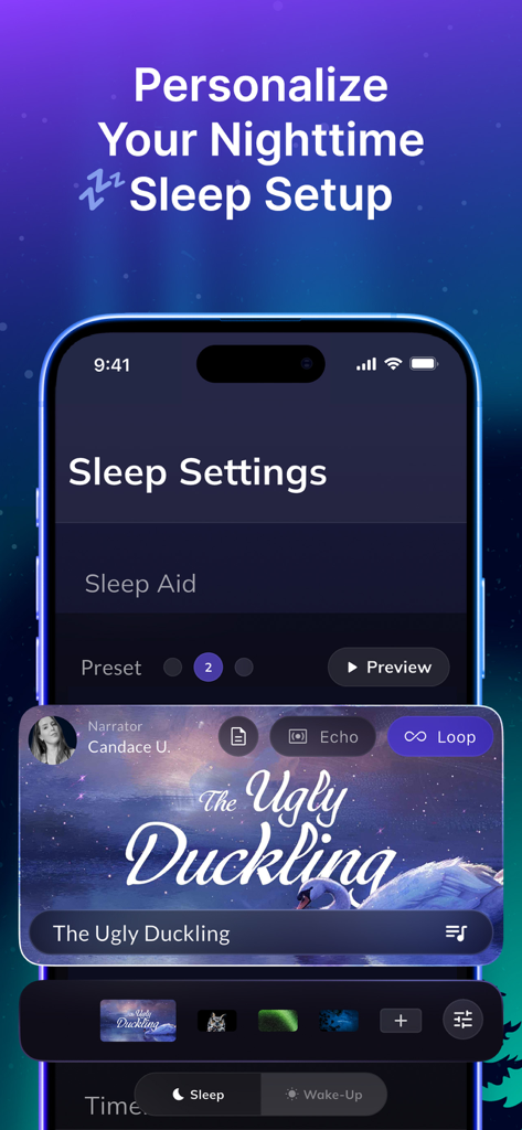 Sleepscape: Sleep Aid Alarm - Sleepscapeアプリのインターフェース。夜間の睡眠設定と就寝時の物語のオプションを表示しています。