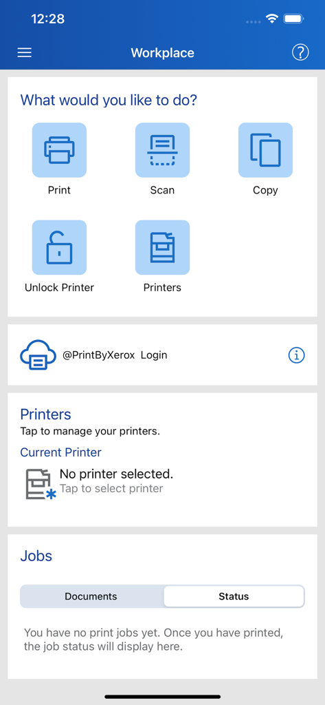 Xerox® Workplace - Xerox Workplace アプリのダッシュボード。印刷、スキャン、コピー、プリンター管理のオプションが表示されます。