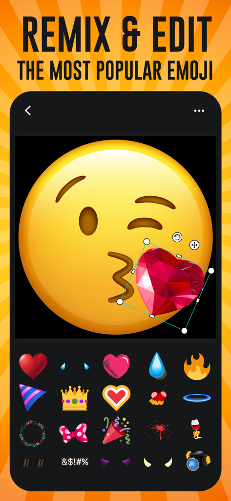 Emoji Maker, Avatar Creator - Mobile app interface showing a yellow winking emoji being edited with a red heart gem and various accessory icons.